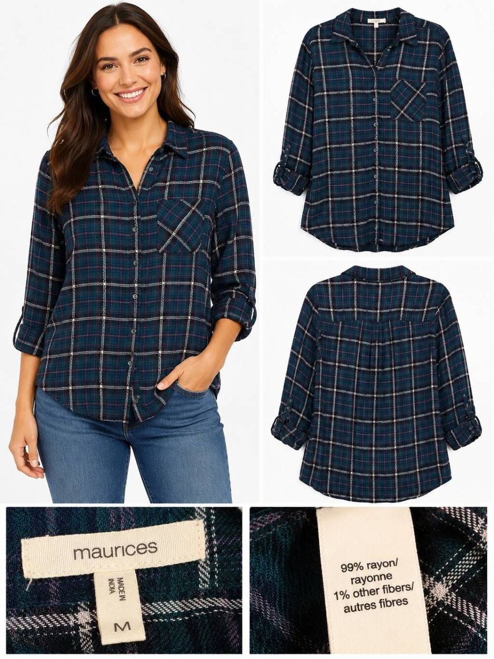 Maurices M Plaid Button Down Roll Tab Sleeve Shirt